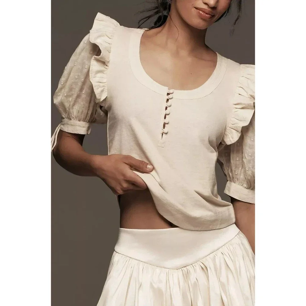 By Anthropologie Floral Embroidered Puff-Sleeve Blouse Top Ruffle XSP NWT 274108